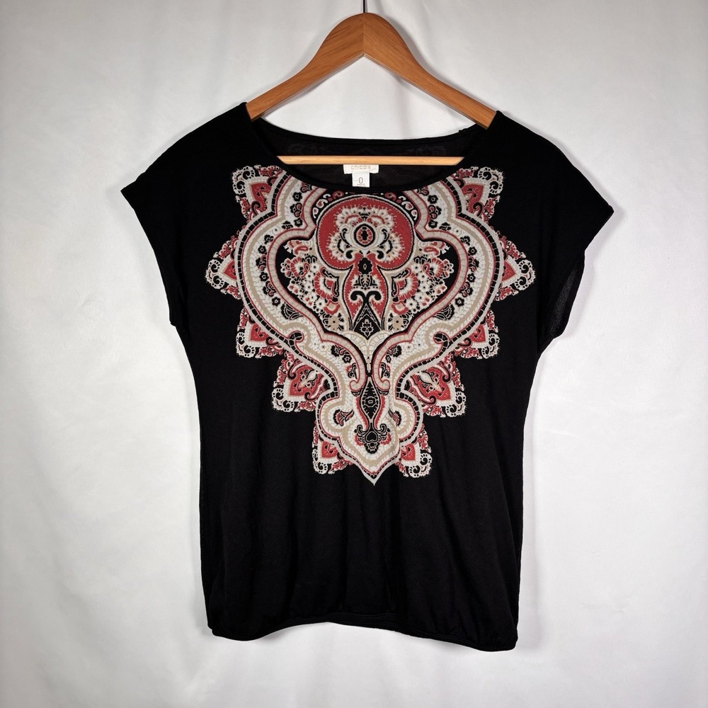Chicos Top Womens Small 0 Paisley Medallion Boho Chic Classic Blouse Black